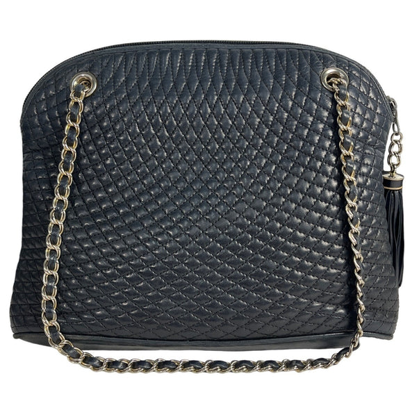 Vintage Bally Women's Dark Blue Quilted Leather Chained Strap Shoulder Bag Sz M