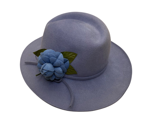 Vintage Adolfo II Womens Light Blue Wool Wide-Brim Hat Floral Accent Retro Style