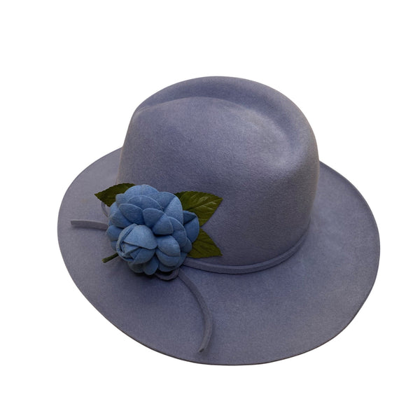 Vintage Adolfo II Womens Light Blue Wool Wide-Brim Hat Floral Accent Retro Style