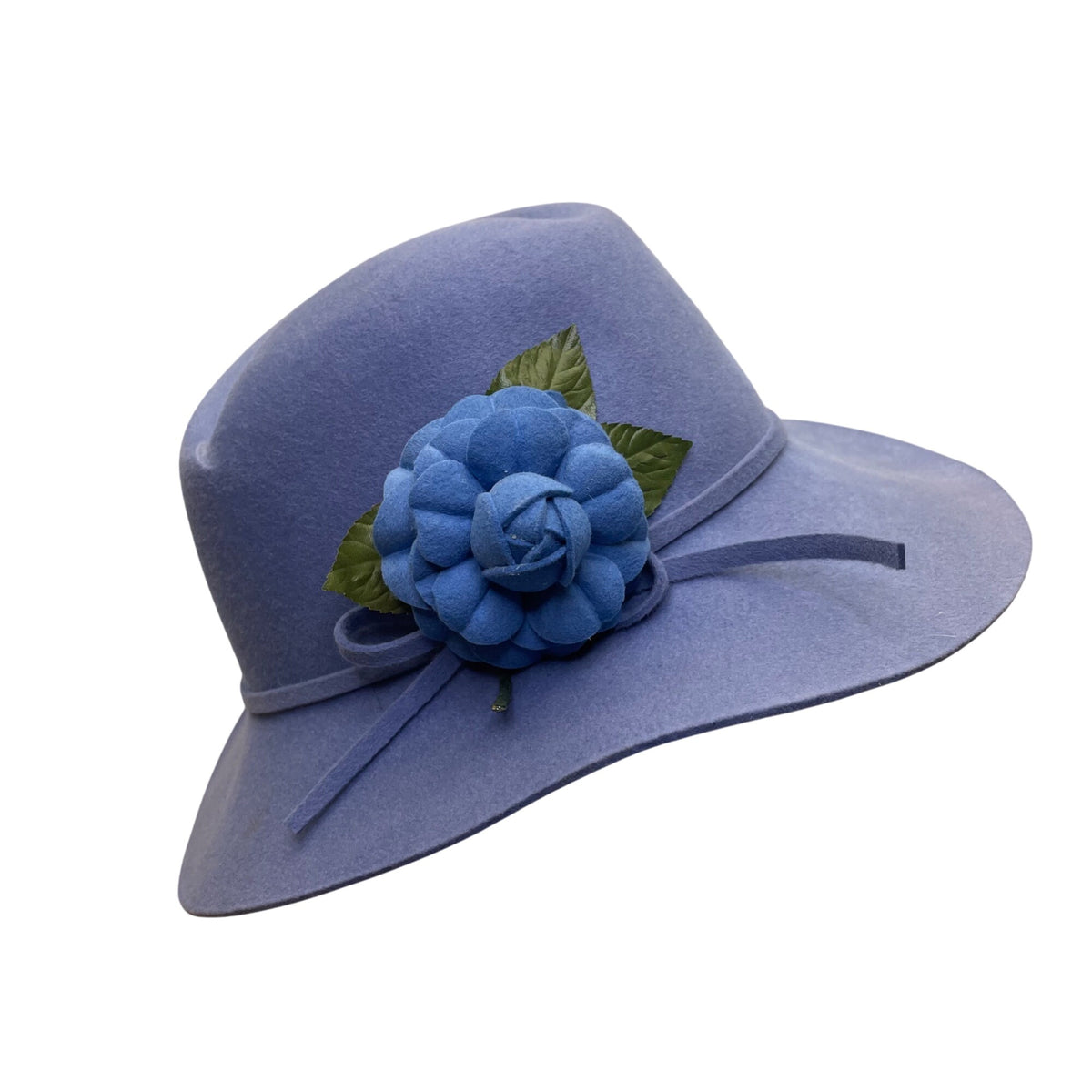 Vintage Adolfo II Womens Light Blue Wool Wide-Brim Hat Floral Accent Retro Style