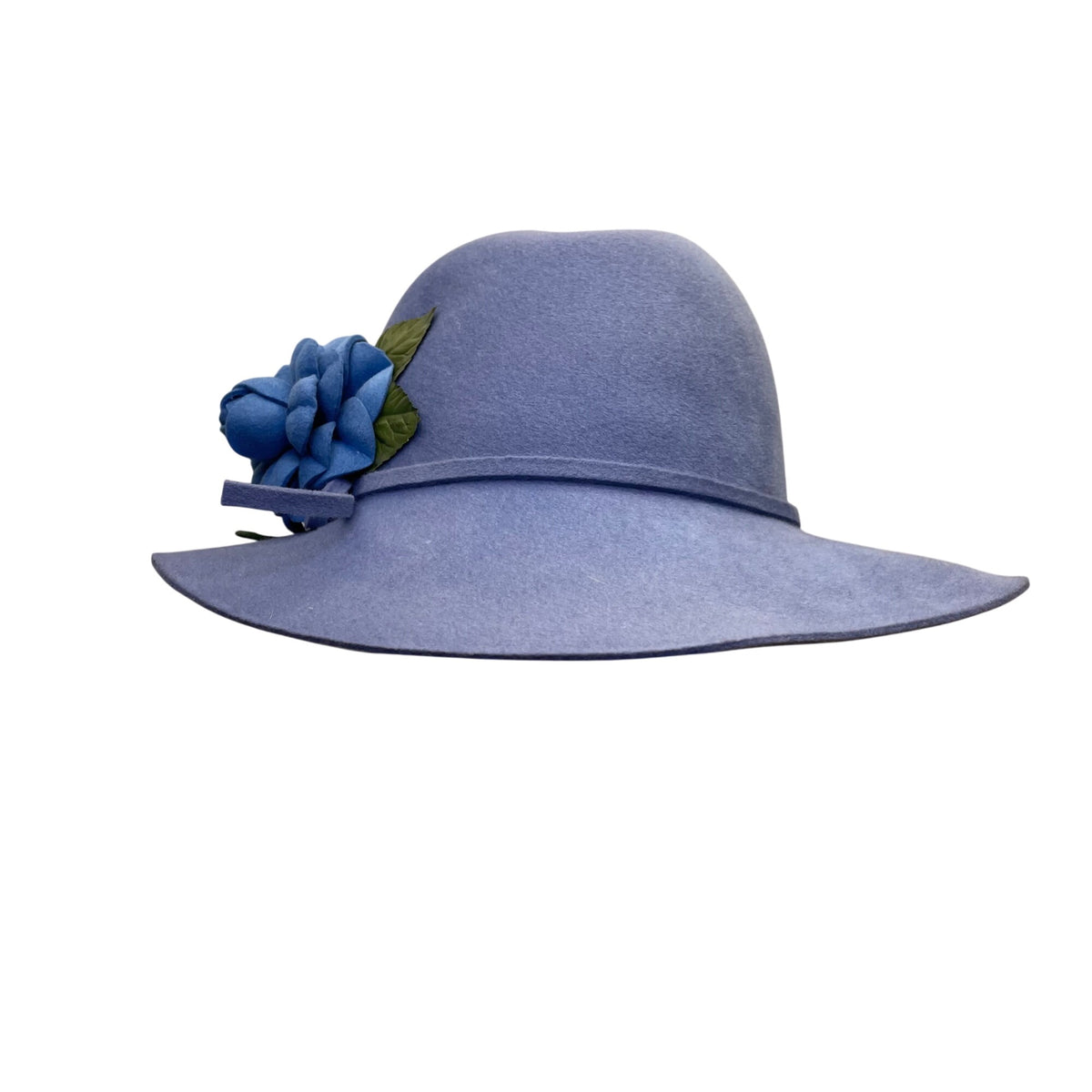 Vintage Adolfo II Womens Light Blue Wool Wide-Brim Hat Floral Accent Retro Style
