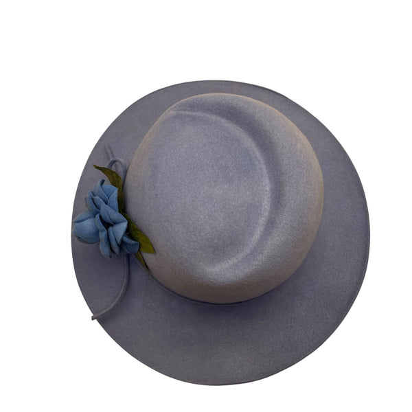 Vintage Adolfo II Womens Light Blue Wool Wide-Brim Hat Floral Accent Retro Style