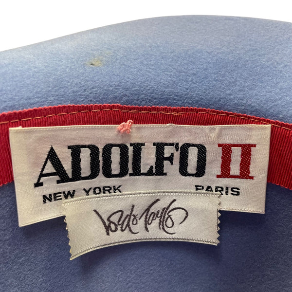 Vintage Adolfo II Womens Light Blue Wool Wide-Brim Hat Floral Accent Retro Style