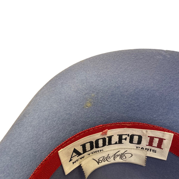 Vintage Adolfo II Womens Light Blue Wool Wide-Brim Hat Floral Accent Retro Style