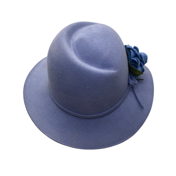 Vintage Adolfo II Womens Light Blue Wool Wide-Brim Hat Floral Accent Retro Style