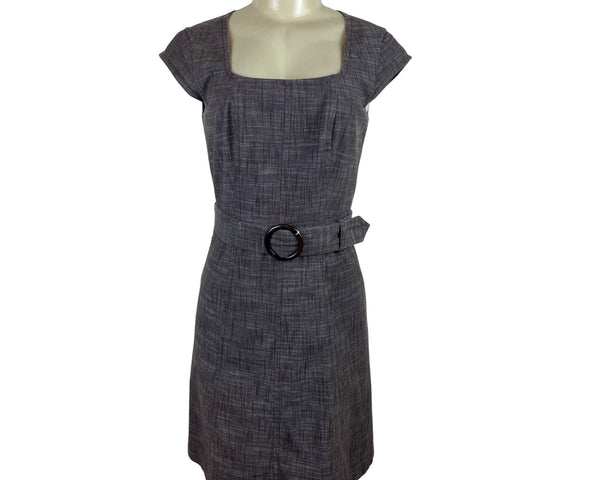Ann Taylor Gray Textured Cap Sleeve Belted Dress With Square Neckline Size 0