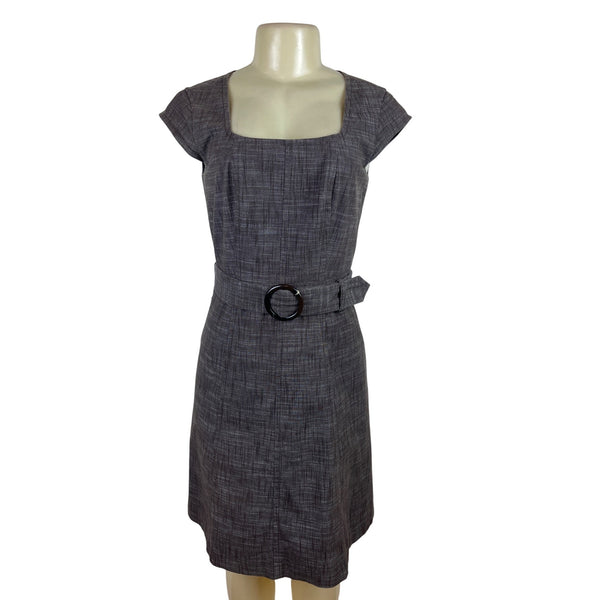 Ann Taylor Gray Textured Cap Sleeve Belted Dress With Square Neckline Size 0