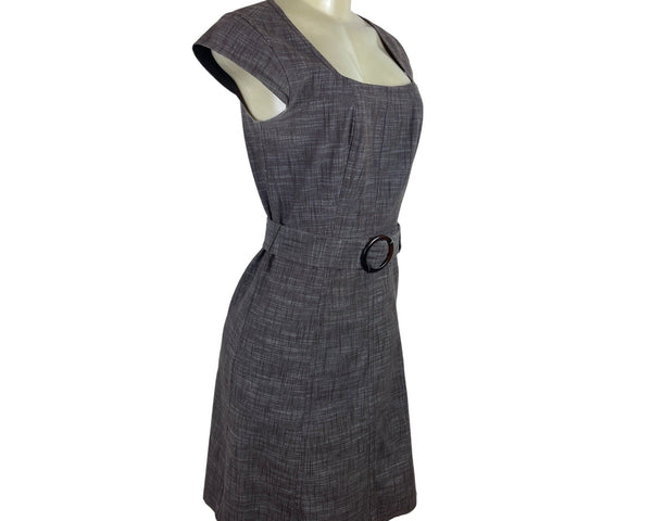 Ann Taylor Gray Textured Cap Sleeve Belted Dress With Square Neckline Size 0