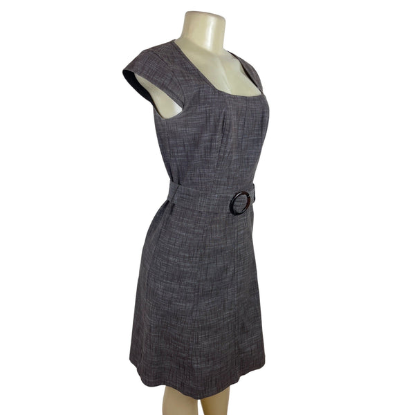 Ann Taylor Gray Textured Cap Sleeve Belted Dress With Square Neckline Size 0
