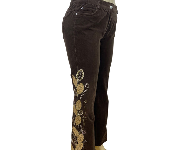 Kenzie Jeans Brown Womens Leaf Design Pants Mid-Rise Straight Leg Sz 6