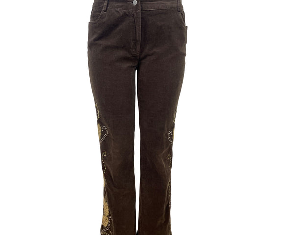 Kenzie Jeans Brown Womens Leaf Design Pants Mid-Rise Straight Leg Sz 6