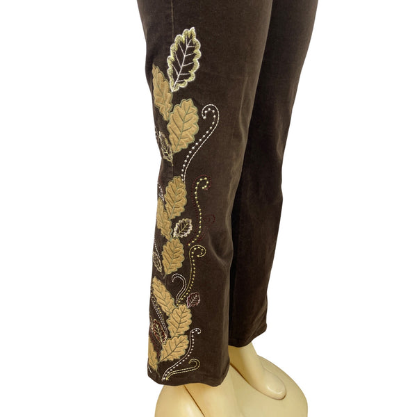 Kenzie Jeans Brown Womens Leaf Design Pants Mid-Rise Straight Leg Sz 6