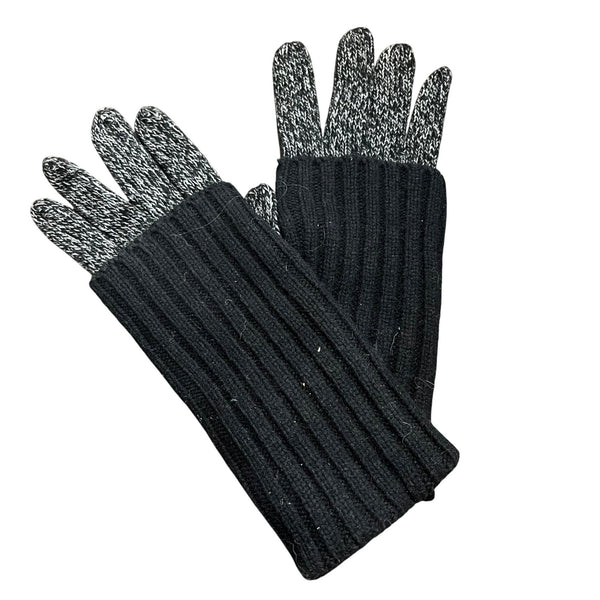 Ribbed Knit Wool-Blend Womens Black & Gray Touchscreen Gloves With Leather Palm Patch S