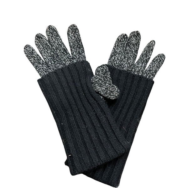 Ribbed Knit Wool-Blend Womens Black & Gray Touchscreen Gloves With Leather Palm Patch S
