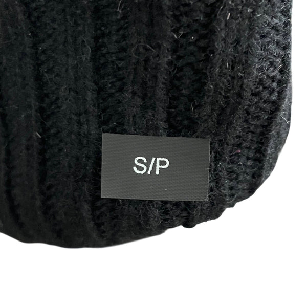 Ribbed Knit Wool-Blend Womens Black & Gray Touchscreen Gloves With Leather Palm Patch S