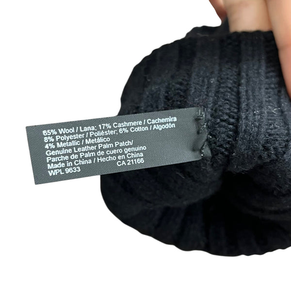 Ribbed Knit Wool-Blend Womens Black & Gray Touchscreen Gloves With Leather Palm Patch S