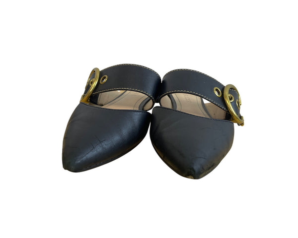 Coach Womens Black Leather Pointed-Toe Mules Gold Buckle Size 6.5B Stylish Slip-Ons