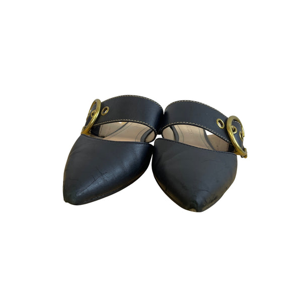Coach Womens Black Leather Pointed-Toe Mules Gold Buckle Size 6.5B Stylish Slip-Ons