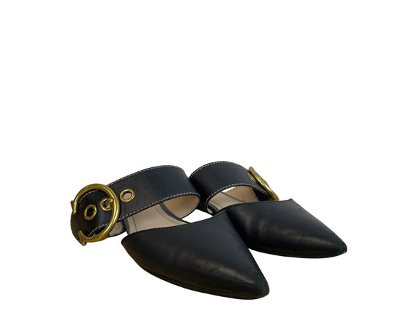 Coach Womens Black Leather Pointed-Toe Mules Gold Buckle Size 6.5B Stylish Slip-Ons