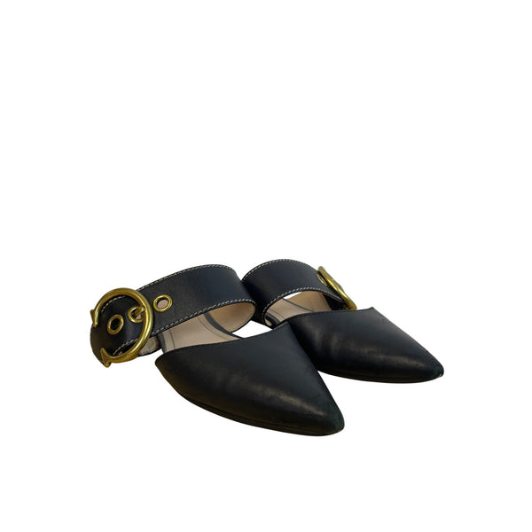 Coach Womens Black Leather Pointed-Toe Mules Gold Buckle Size 6.5B Stylish Slip-Ons
