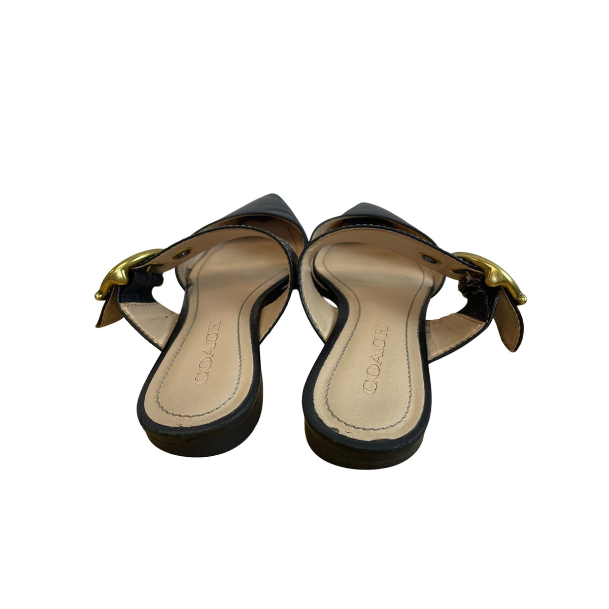 Coach Womens Black Leather Pointed-Toe Mules Gold Buckle Size 6.5B Stylish Slip-Ons