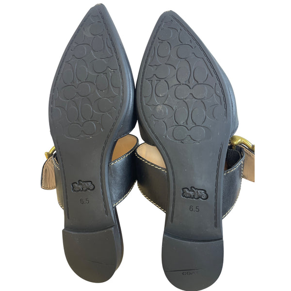 Coach Womens Black Leather Pointed-Toe Mules Gold Buckle Size 6.5B Stylish Slip-Ons