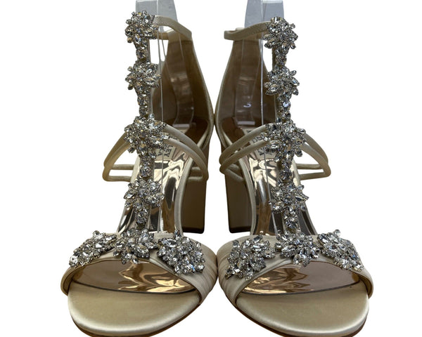 Badgley Mischka Laney Ivory Satin Rhinestone Embellished Heeled Sandals Sz 9