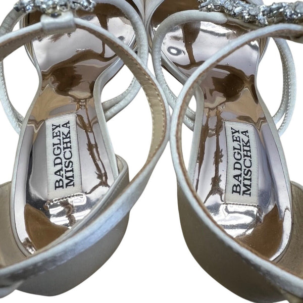 Badgley Mischka Laney Ivory Satin Rhinestone Embellished Heeled Sandals Sz 9