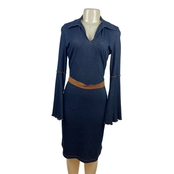 Moa Moa Blue Denim Bell Sleeve Dress With Tan Waist Tie Size M