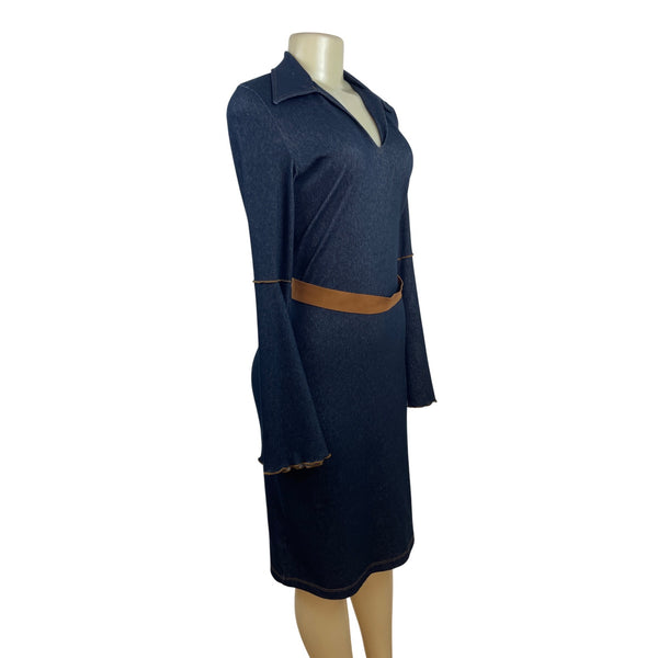 Moa Moa Blue Denim Bell Sleeve Dress With Tan Waist Tie Size M
