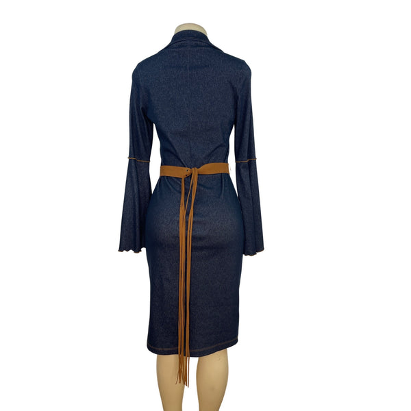Moa Moa Blue Denim Bell Sleeve Dress With Tan Waist Tie Size M