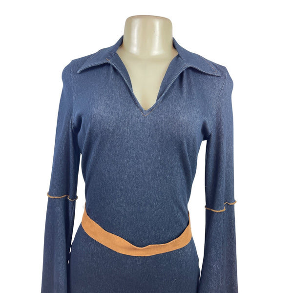 Moa Moa Blue Denim Bell Sleeve Dress With Tan Waist Tie Size M