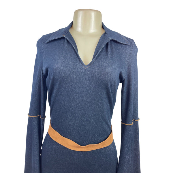 Moa Moa Blue Denim Bell Sleeve Dress With Tan Waist Tie Size M