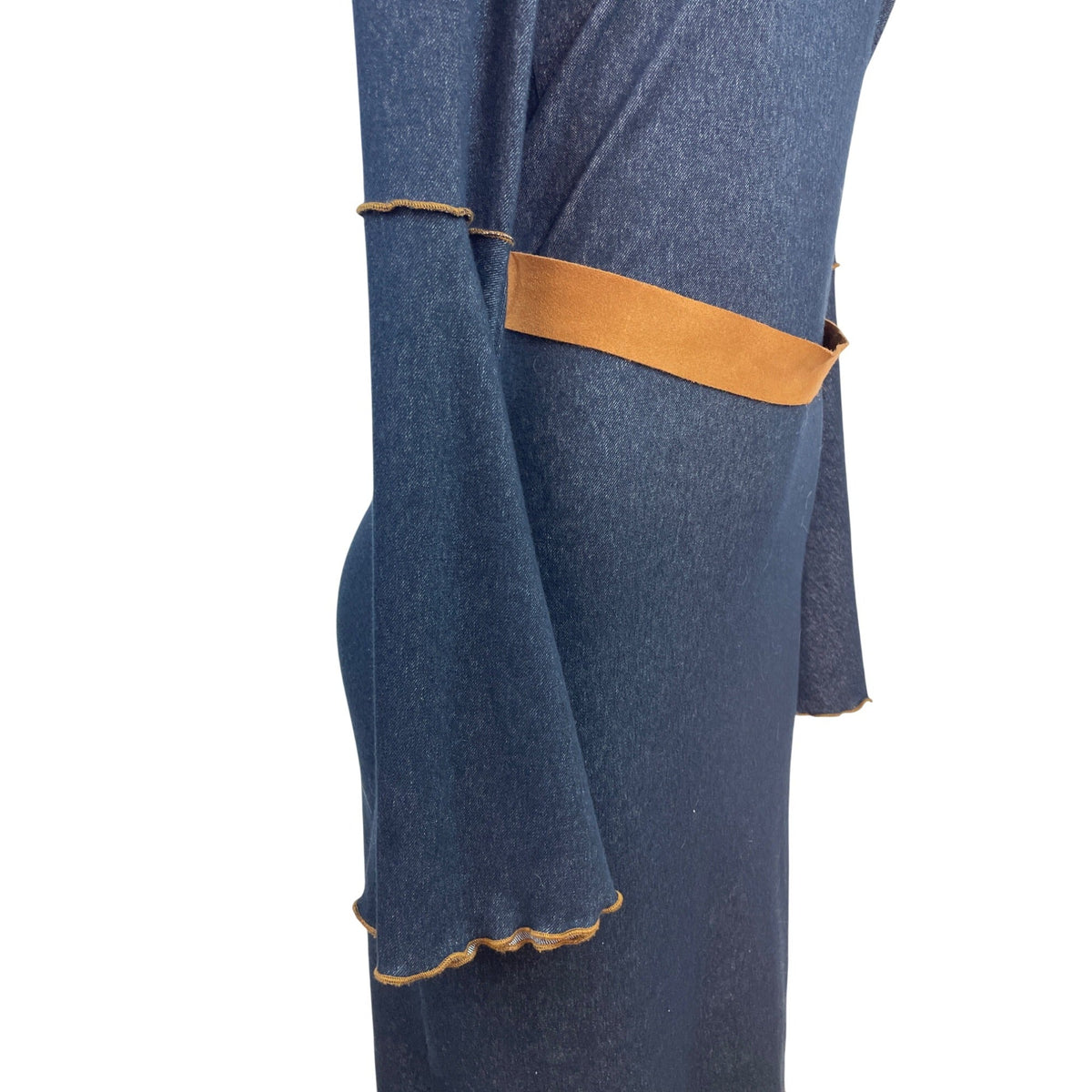 Moa Moa Blue Denim Bell Sleeve Dress With Tan Waist Tie Size M
