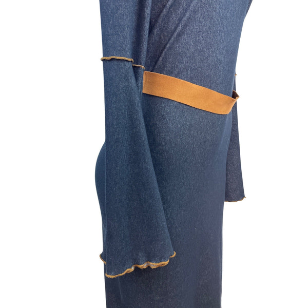 Moa Moa Blue Denim Bell Sleeve Dress With Tan Waist Tie Size M