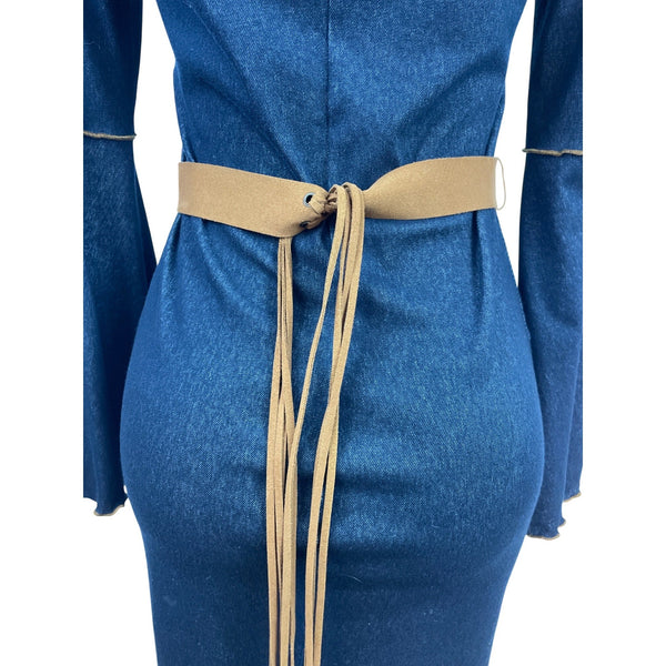 Moa Moa Blue Denim Bell Sleeve Dress With Tan Waist Tie Size M