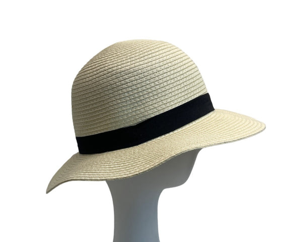 Wallabe Wide Brim Beige Straw Hat With Black Ribbon One Size