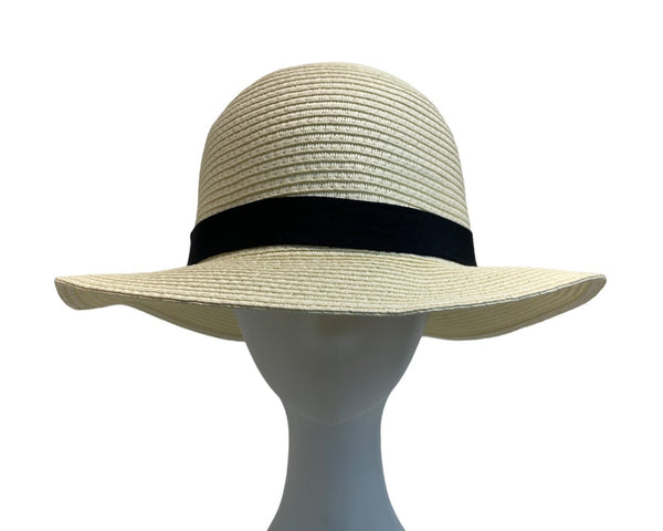 Wallabe Wide Brim Beige Straw Hat With Black Ribbon One Size