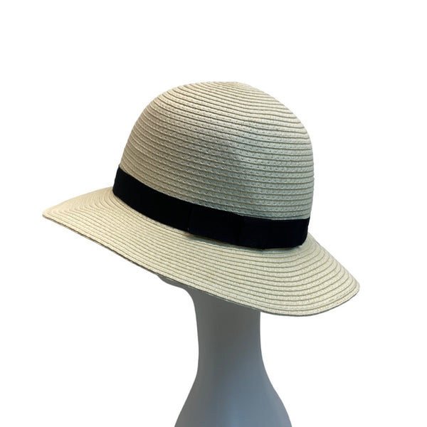 Wallabe Wide Brim Beige Straw Hat With Black Ribbon One Size