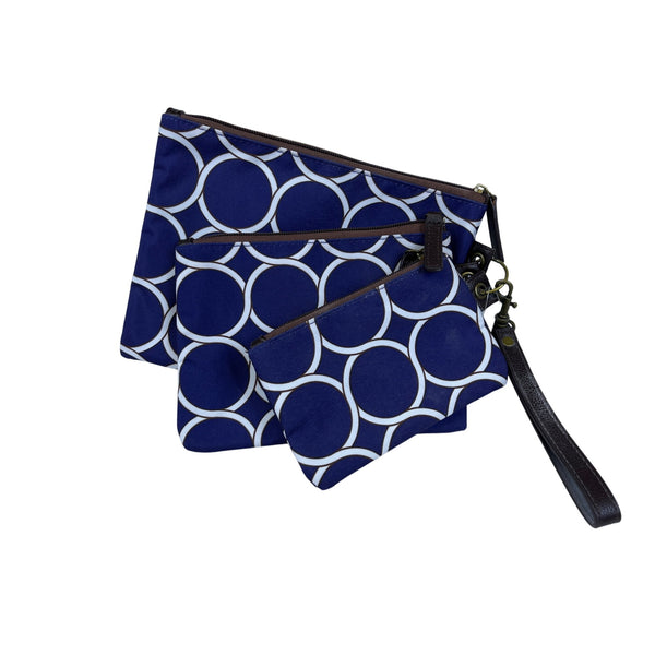 Viceroy Blue/White Polyester Set Of 3 Zipped Pouches With Removable Wristlet Handle