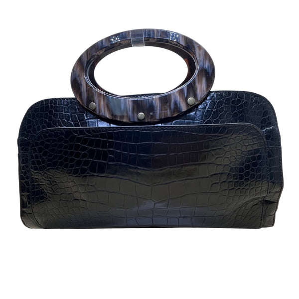 Adrienne Vittadini Women’s Black Leather Croc Embossed Tortoiseshell Top Handle Tote