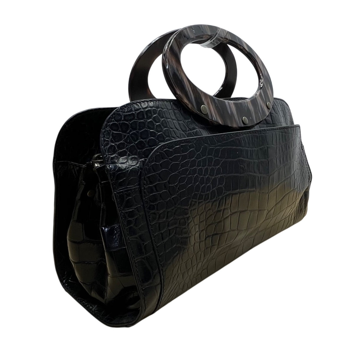 Adrienne Vittadini Women’s Black Leather Croc Embossed Tortoiseshell Top Handle Tote