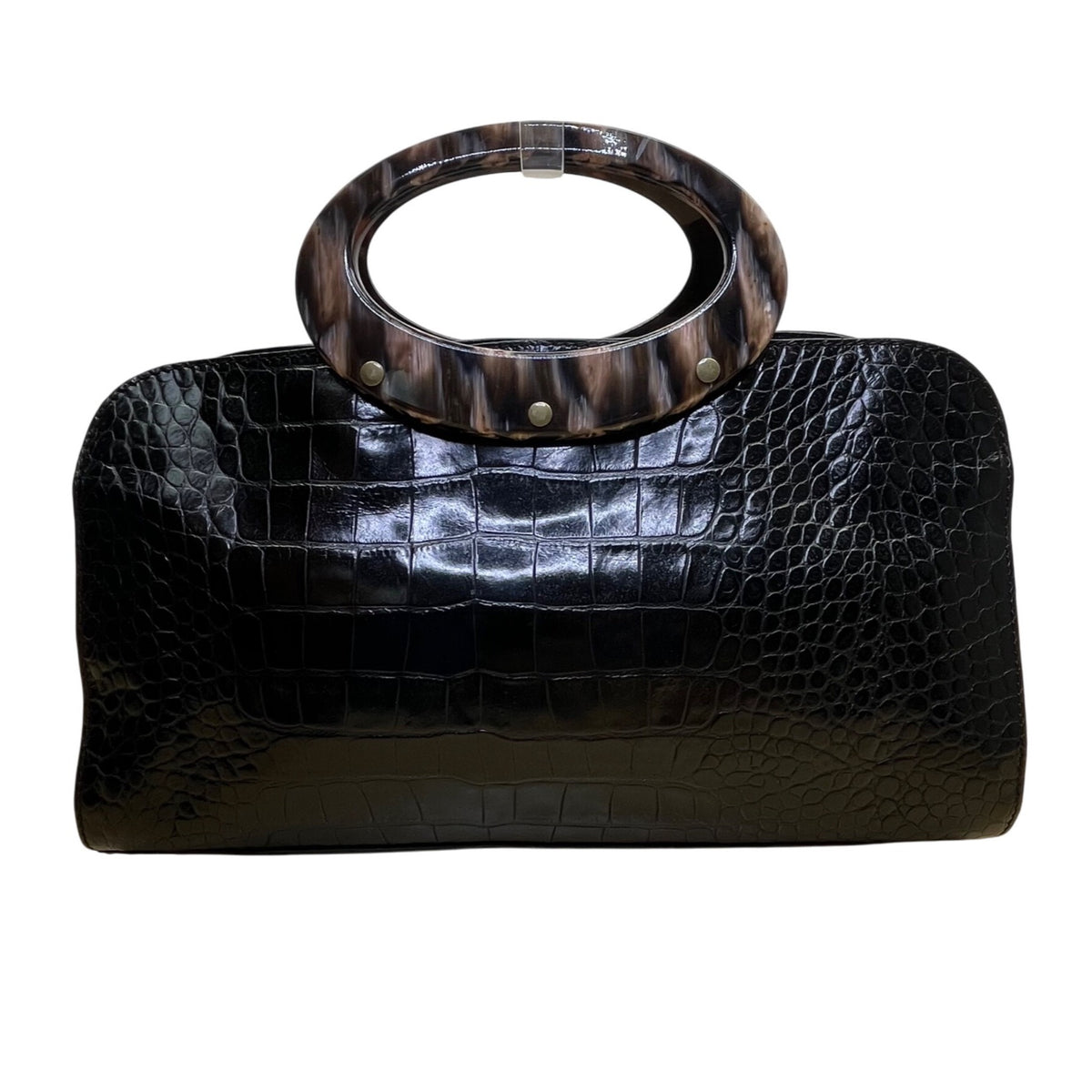 Adrienne Vittadini Women’s Black Leather Croc Embossed Tortoiseshell Top Handle Tote