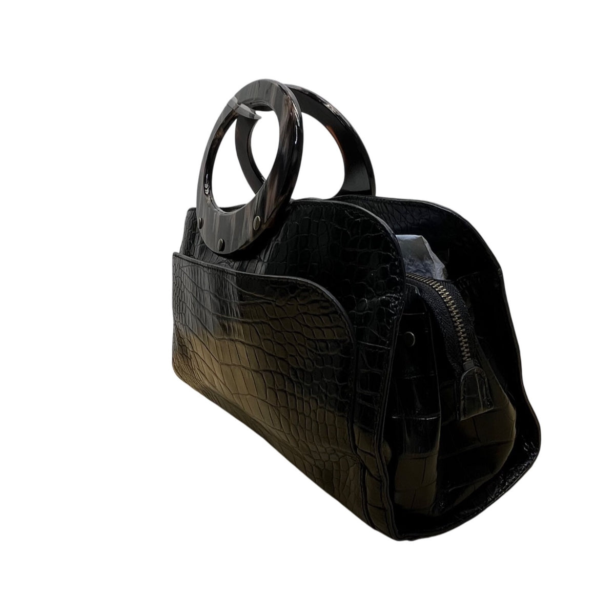 Adrienne Vittadini Women’s Black Leather Croc Embossed Tortoiseshell Top Handle Tote