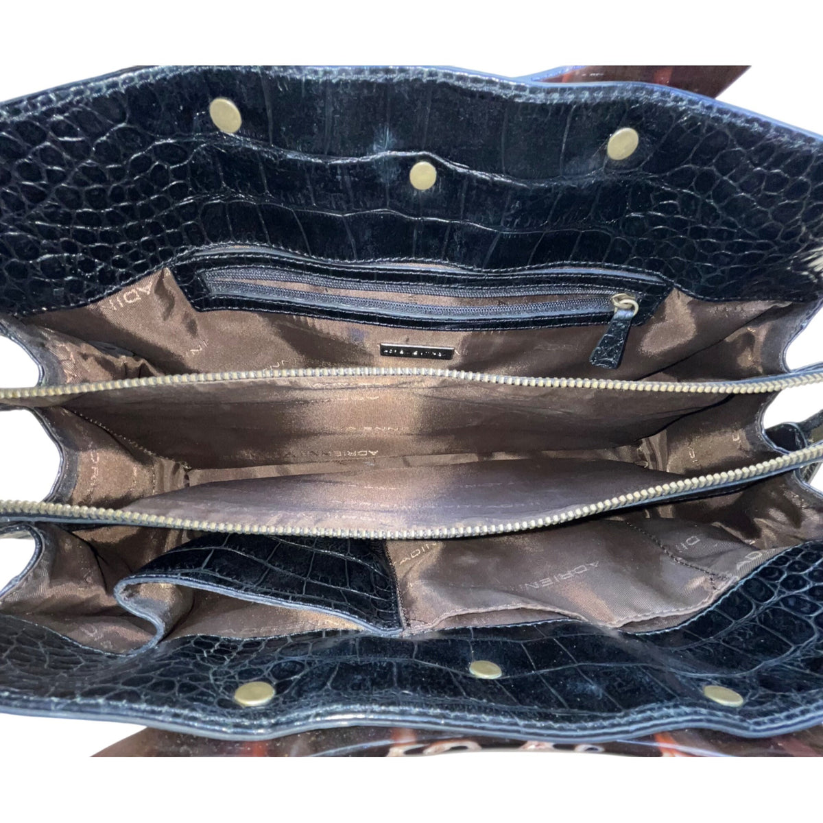 Adrienne Vittadini Women’s Black Leather Croc Embossed Tortoiseshell Top Handle Tote