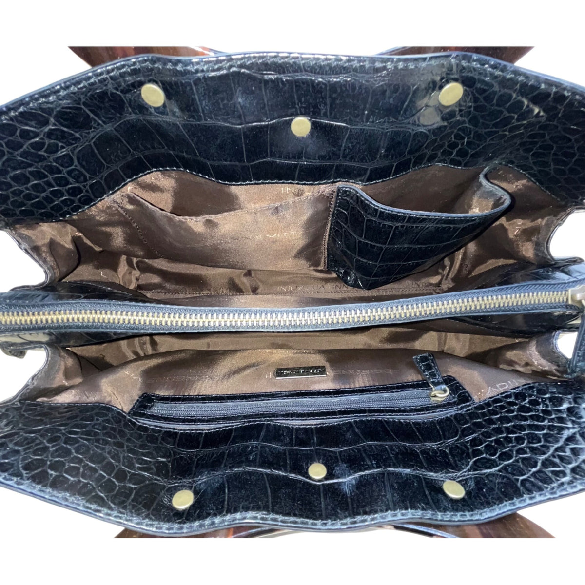 Adrienne Vittadini Women’s Black Leather Croc Embossed Tortoiseshell Top Handle Tote