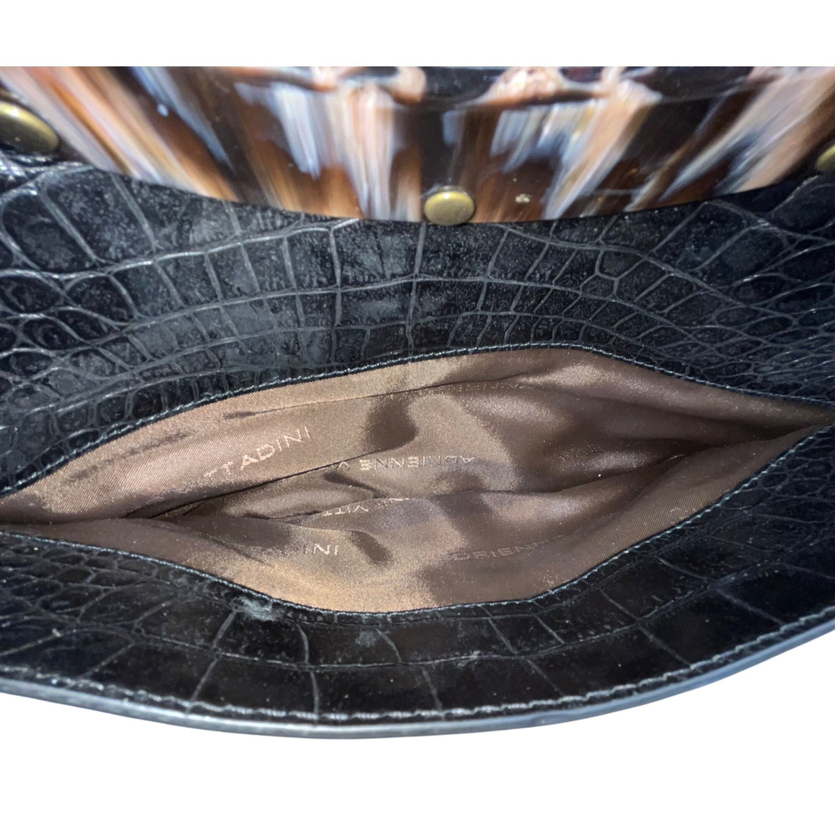 Adrienne Vittadini Women’s Black Leather Croc Embossed Tortoiseshell Top Handle Tote