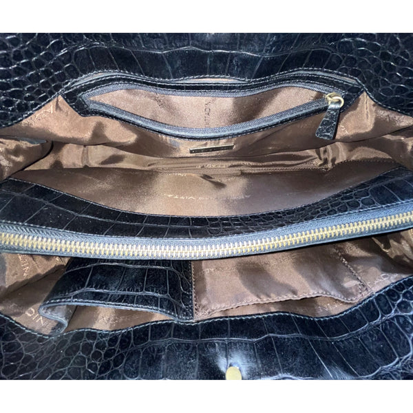 Adrienne Vittadini Women’s Black Leather Croc Embossed Tortoiseshell Top Handle Tote