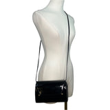 JR Women’s Black Patent Leather With Gold Bar Detail Crossbody Barrel Bag Sz M