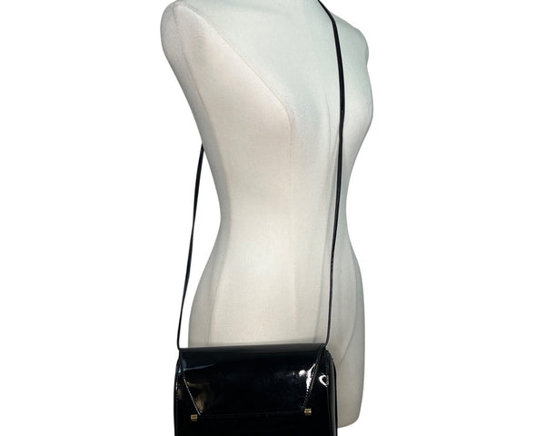 JR Women’s Black Patent Leather With Gold Bar Detail Crossbody Barrel Bag Sz M